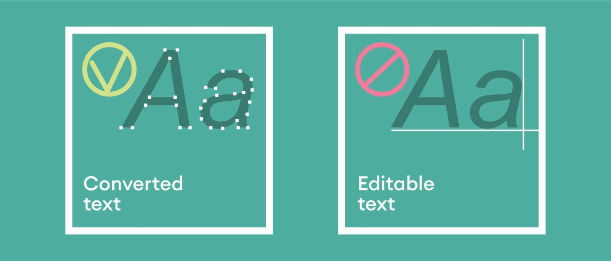 Comparison of outlined and editable text – prevents font issues in print and ensures proper visual result.